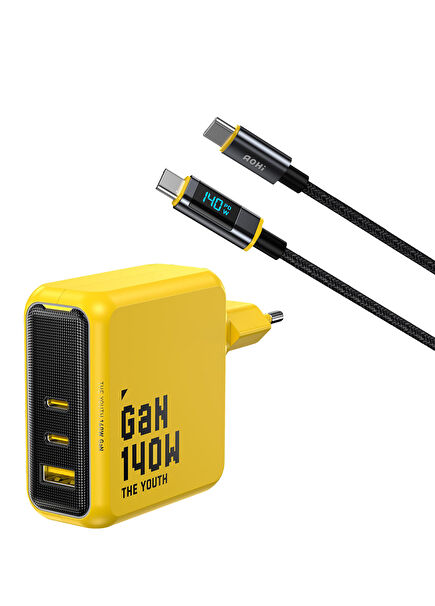  Youth 140W 3 Portlu Şarj Adaptörü 140W LED Ekranlı Naylon Örgülü Süper Hızlı Şarj Data Kablosu Seti