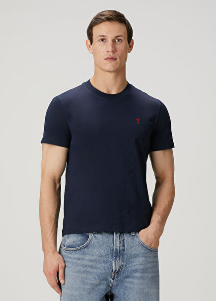 Lacivert Logo Nakışlı Organik Pamuk T-shirt