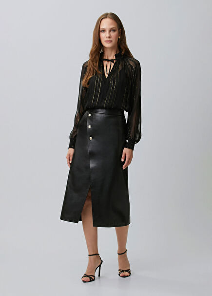 Midi Leather Skirt With Black Accessory Detail