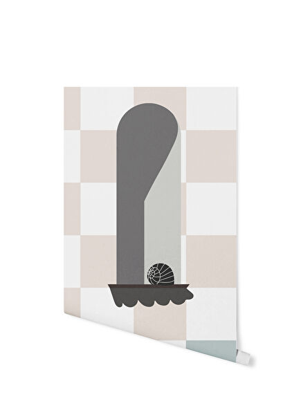 Japandi Window with Chess Blue Cream Çocuk Odası Duvar Kağıdı 100 x 100 cm