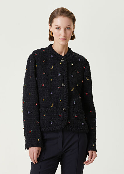 Siyah Taşlı Tweed Ceket