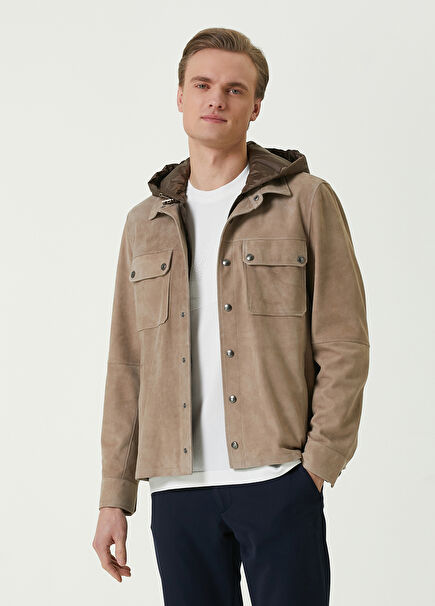 Beige Suede Jacket with Inner Collar Detail