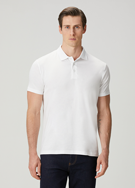 Monaco Beyaz Polo Yaka Qsimple Muscle Fit Kısa Kollu Erkek T-shirt