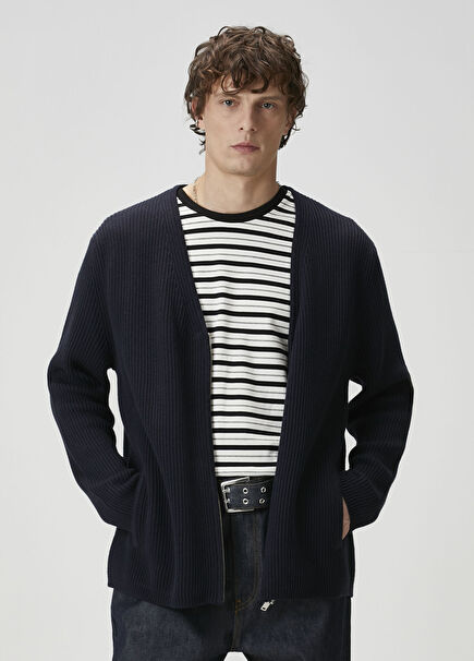 Navy Blue Striped Textured Knit Cardigan