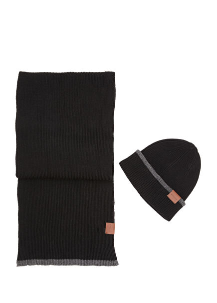 Siyah Çizgi Detaylı Unisex Atkı Bere Seti