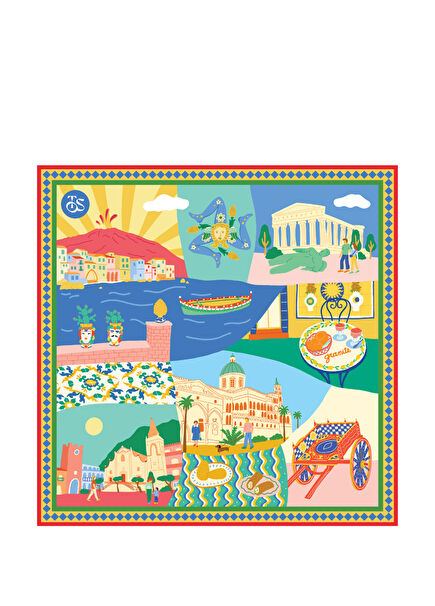 Sicilya Desenli Pamuklu Kadın Fular ve Bandana