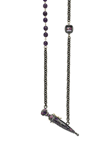 Adige Scythe Ruby and Amethyst Stone Embellished Black Unisex Necklace