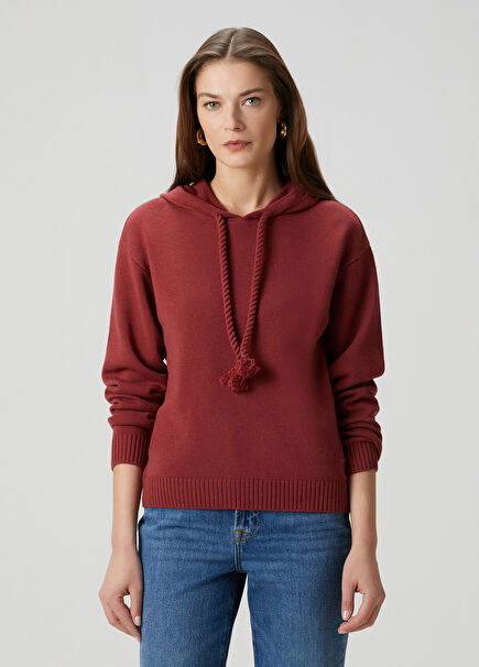 Kırmızı Kapüşonlu Kaşmir Sweatshirt