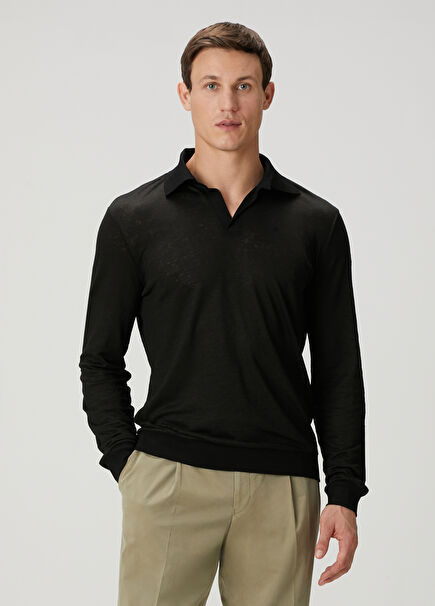 Siyah Polo Yaka Keten Gömlek