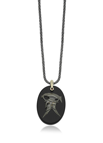 Helmet Onyx 14K Gold and 925K Silver Men's Necklace