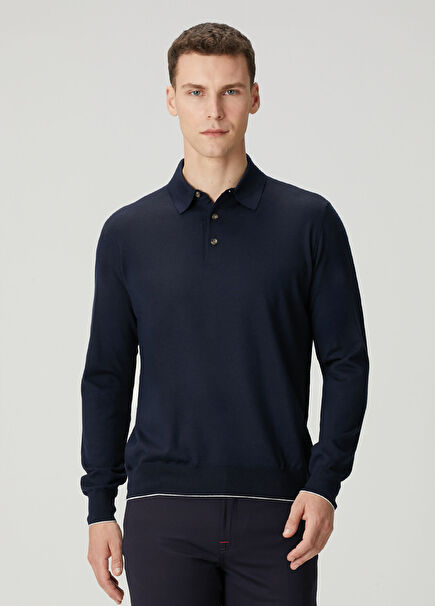 Mavi Polo Yaka Yün Triko