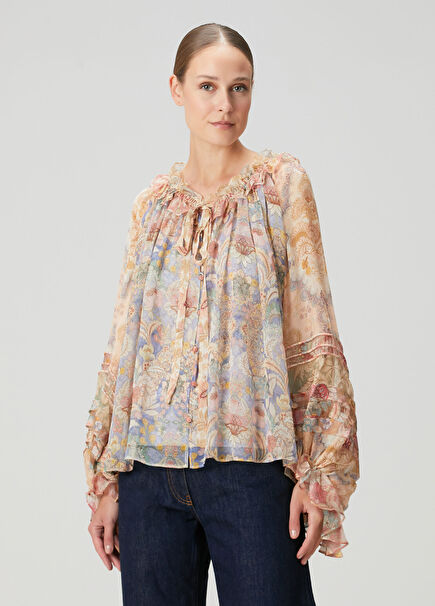 Rebellion Pembe Çiçekli İpek Bluz