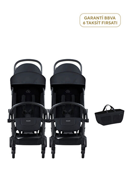 Connect³ Black - Black İkiz Bebek Arabası ve Yan Düzenleyici Çanta Seti