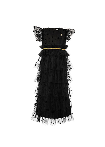 Siyah Yıldız Desenli Kız Çocuk Elbise