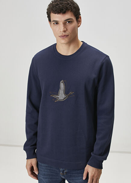Navy Blue Logo Detailed Long Sleeve T-Shirt