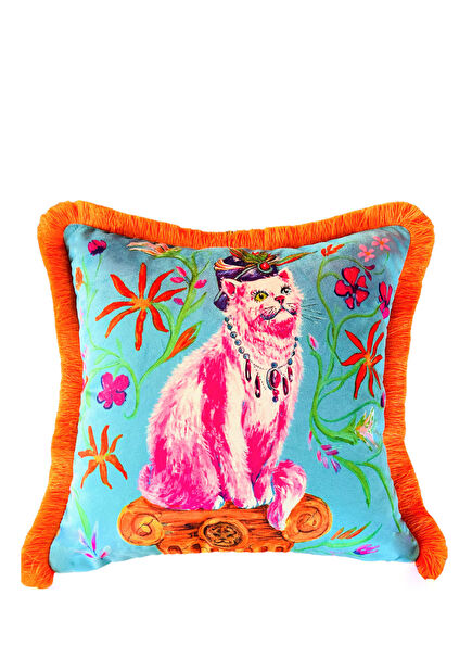 Van Kedisi Desenli Yeşil Kadife Dekoratif Kırlent Kılıfı 45 x 45 cm