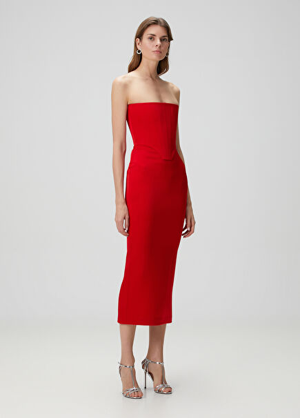 Red Strapless Midi Cocktail Dress