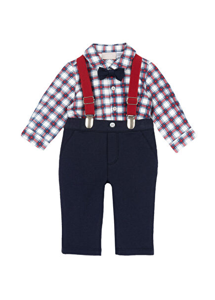 Mavi Kareli Uzun Kollu Gömlek ve Askılı Pantolon Erkek Bebek 2'li Set
