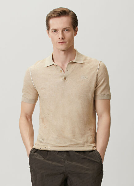 Beige Polo Distressed Linen T-Shirt