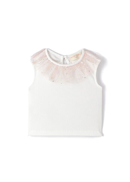 Blush Stardust Pink Tulle Collar Detailed Sleeveless Girl's Blouse