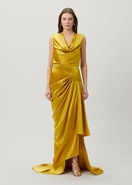 Mustard Maxi Silk Evening Dress
