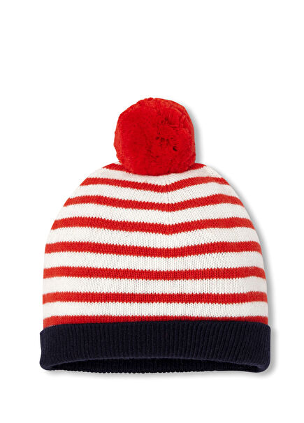 White/Red Baby Boy Hat with Striped Pompoms
