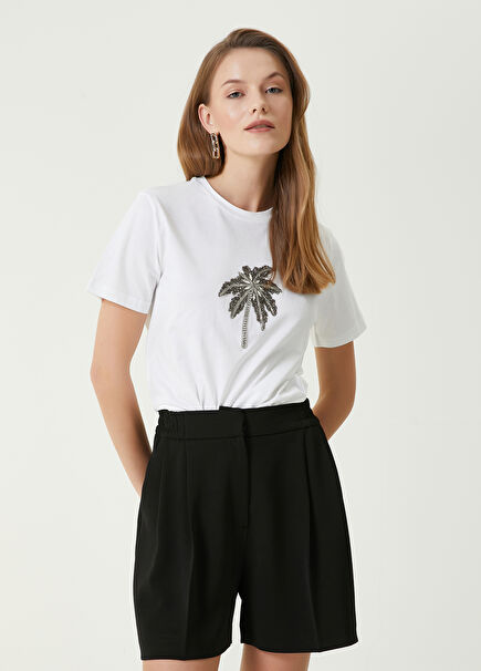 Kırık Beyaz Taşlı Palmiye Detaylı T-shirt