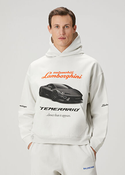 White Hooded Lamborghini Printed Sweatshirt