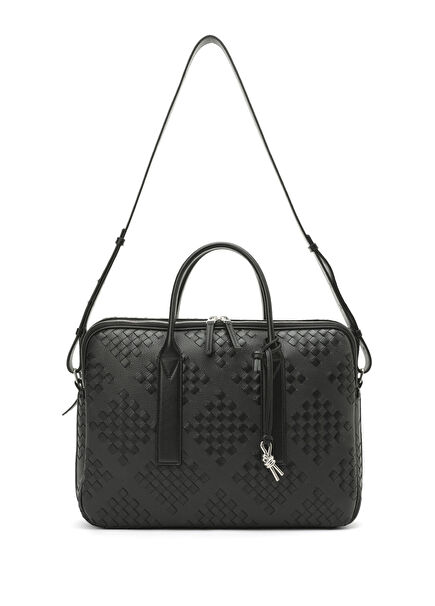 Getaway Black Woven Textured Leather Briefcase