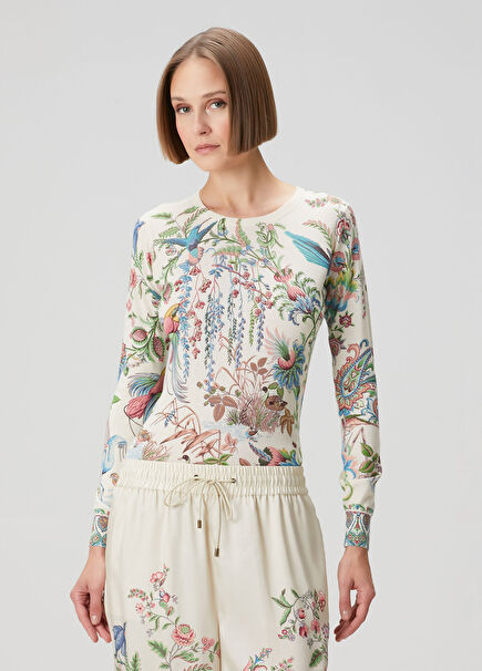 Kırık Beyaz Şal Desenli İpek Triko