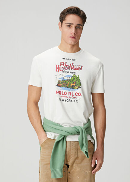 Beyaz Manzara Baskılı Logo Detaylı T-shirt