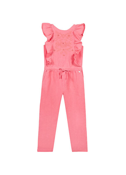 Pink Linen Ruffled Sleeveless Girls' Jumpsuit