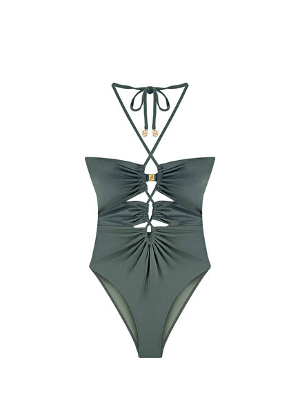 Verona Dark Sage Asimetrik Boyundan Bağlamalı Kadın Mayo