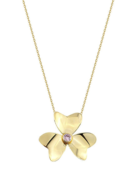 Pink Quartz Clover 14 Ayar Altın Kadın Kolye
