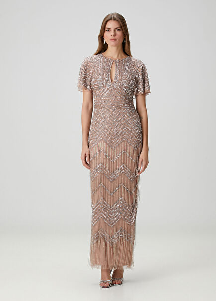 Rose Gold İşlemeli Maksi Abiye Elbise