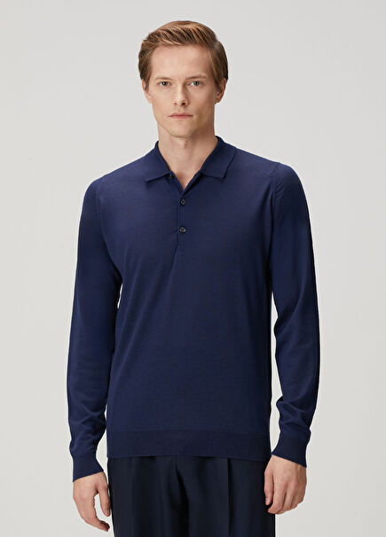 Belper Navy Blue Wool Polo Sweater