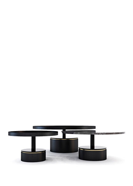 Siyah ve Gold Ayak Antrasit Meşe Kaplama Tabla Triple Sehpa