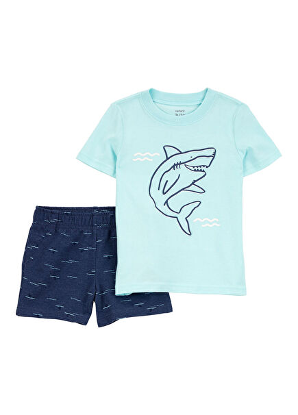 Mavi Kısa Kollu T-shirt ve Şort Erkek Çocuk 2'li Set