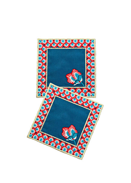 Red Embroidered Navy Blue Linen 2-Piece Cocktail Napkin