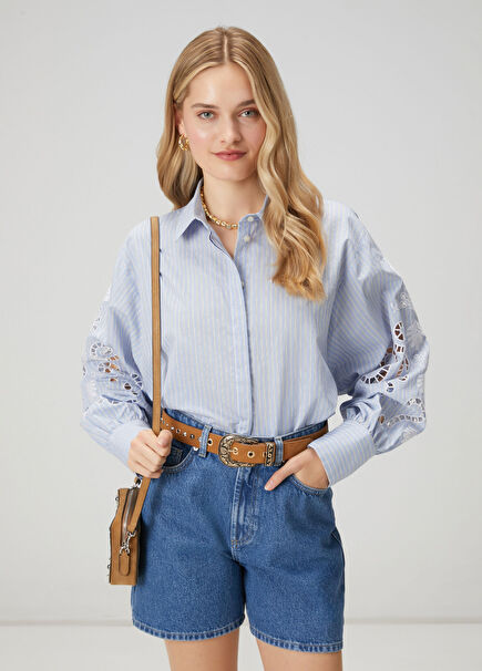 Mavi Çizgili Nakışlı Gömlek