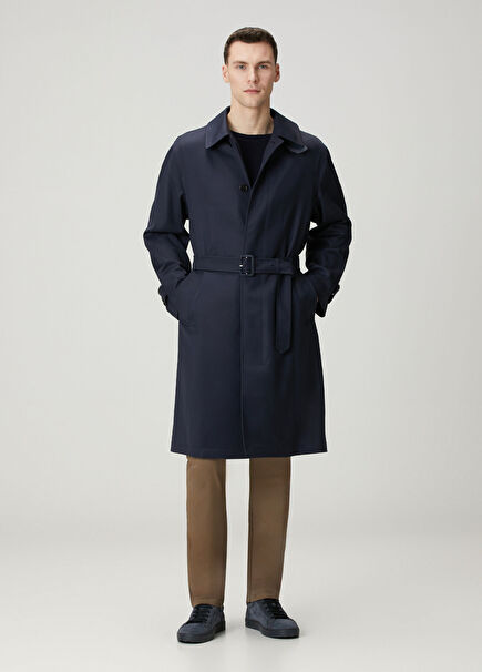 Lacivert Beli Kemerli Yün Pardösü