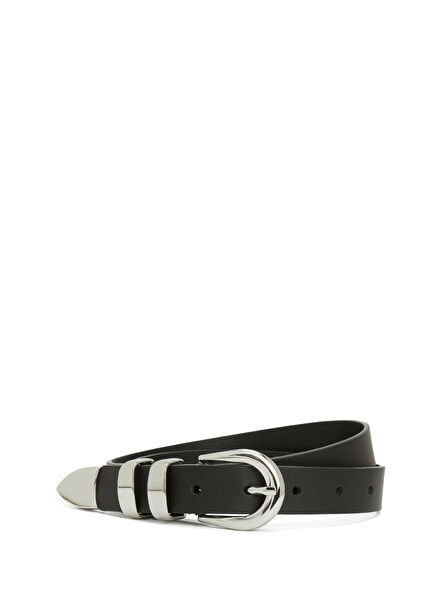 Black Double Metal Bridge Women's Leather Belt