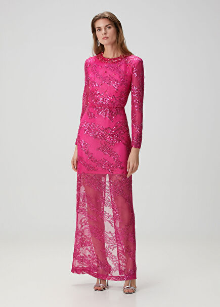 Fushia Lace Mesh Lace Embroidered Women's Long Evening Dress