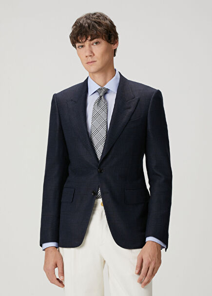 Navy Blue Plaid Patterned Wool Jacket