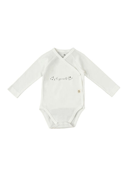 Beyaz Organik Pamuk Uzun Kollu Unisex Bebek Kruvaze Zıbın 