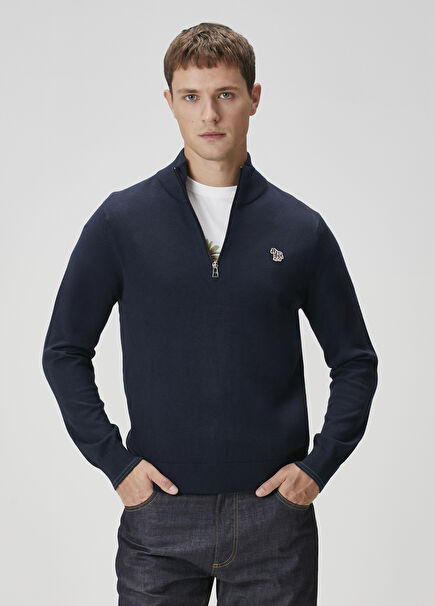 Mavi Yakası Fermuarlı Kazak