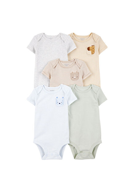 Renkli Pamuklu Çıtçıtlı Kısa Kollu Unisex Bebek 5'li Body Seti