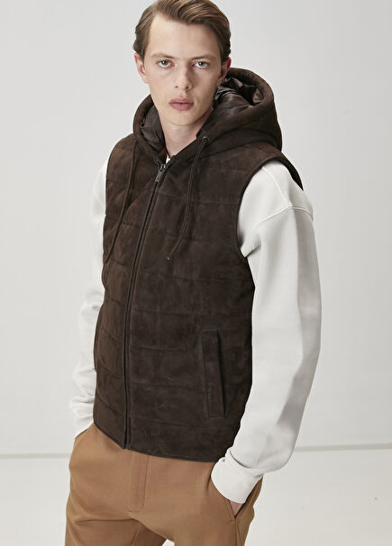 Dark Brown Hooded Suede Vest