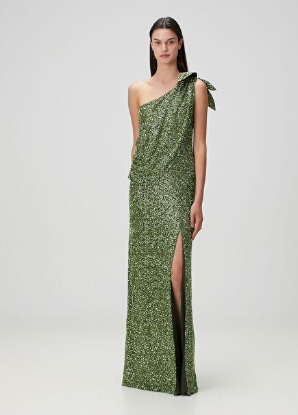 Haki İşlemeli Maksi Abiye Elbise