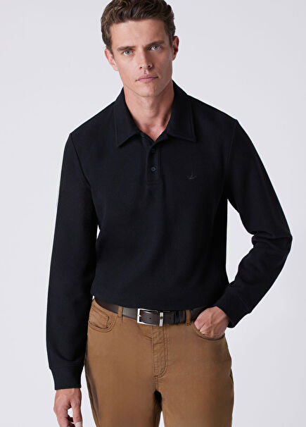Comfort Fit Lacivert Polo Yaka Sweatshirt